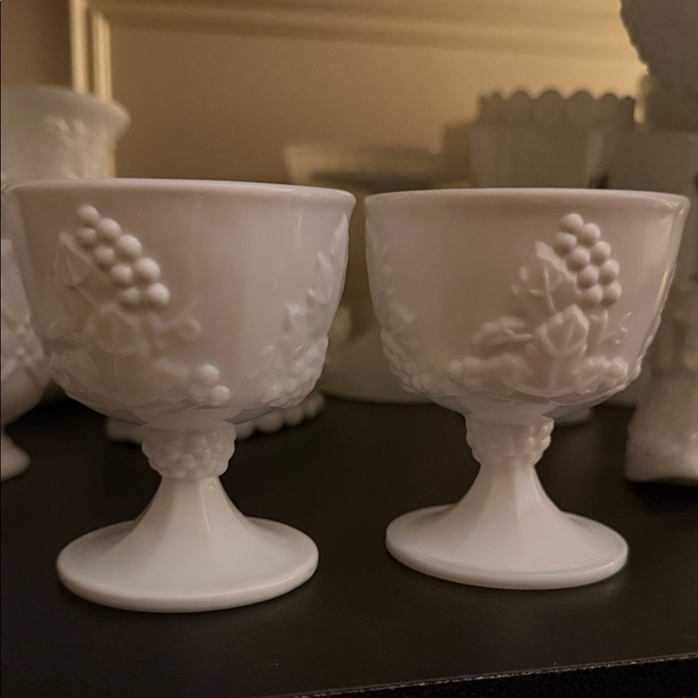 Set of 2 Vintage White Embossed Milk Glass Goblets